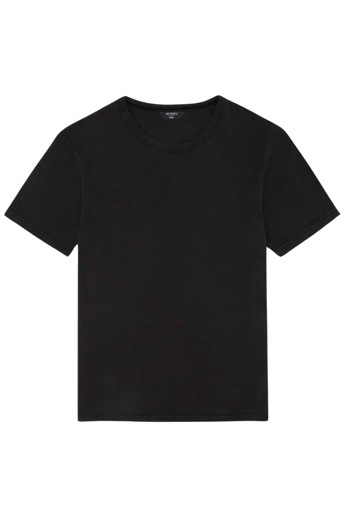 The Mr Simple Hemp Tee, a plain black T-shirt made from organic cotton, is showcased against a white background. It features a round neckline, short sleeves, and a regular fit design that highlights sustainability.