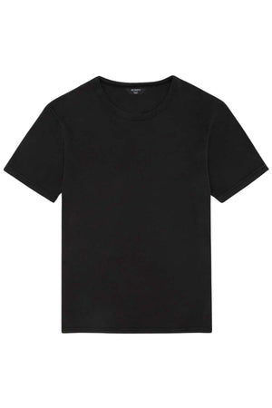 The Mr Simple Hemp Tee, a plain black T-shirt made from organic cotton, is showcased against a white background. It features a round neckline, short sleeves, and a regular fit design that highlights sustainability.
