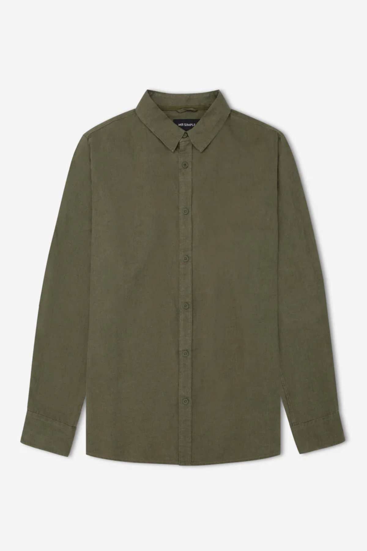 Mr Simple Linen Long Sleeve Shirt in olive green, featuring a loose fit, button-up design, long sleeves, and a classic collar, displayed flat against a neutral background.