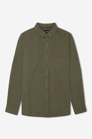 Mr Simple Linen Long Sleeve Shirt in olive green, featuring a loose fit, button-up design, long sleeves, and a classic collar, displayed flat against a neutral background.
