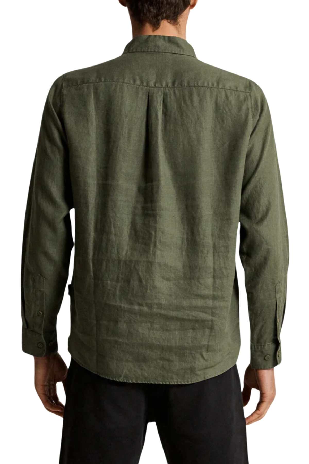 A person is seen from the back wearing a loose-fit olive green Mr Simple Linen Long Sleeve Shirt. The shirt has a simple design with a collar and cuffs, paired with dark pants that highlight its texture and fit.