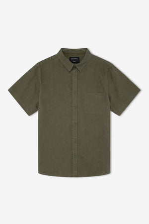The Mr Simple Linen Short Sleeve Shirt, in olive green with a collar and single chest pocket, is crafted from lightweight linenβan essential summer piece, shown laid flat on a white background.