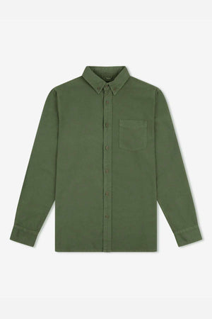 The Mr Simple Oxford Shirt is a slim fit, olive green with long sleeves, made from organic cotton. It includes a classic collar and a single chest pocket on the left side.