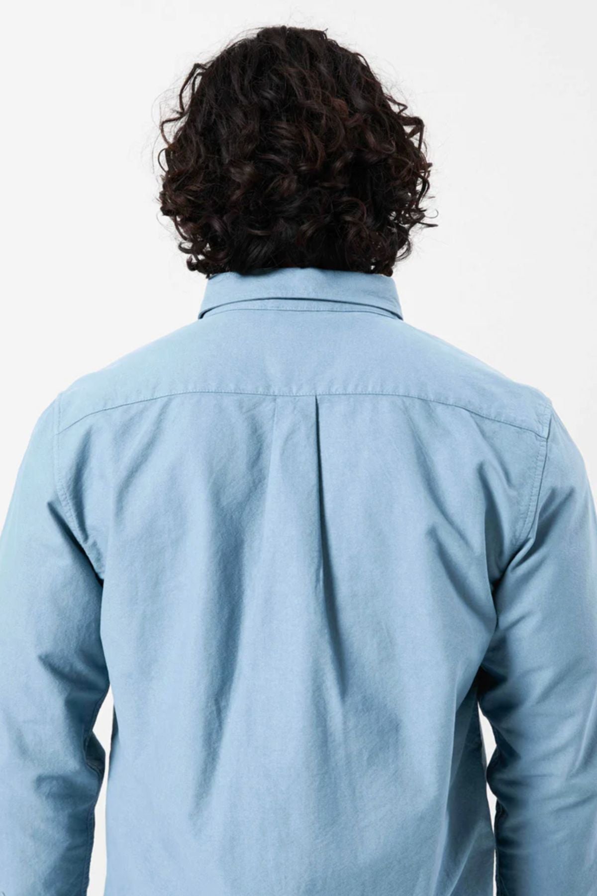 A person with curly dark hair is seen from behind, wearing a light blue Mr Simple Oxford Shirt made from 100% cotton, set against a plain white background.