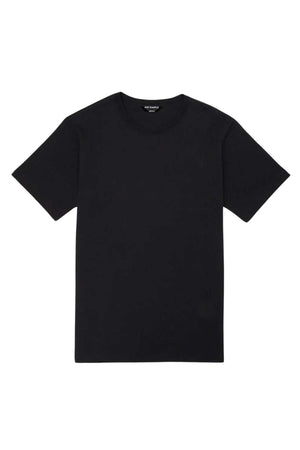Introducing the Mr Simple Reginald Organic Tee: a plain black, short-sleeve T-shirt featuring a round neckline. Displayed against a white background, this tee appears to be crafted from soft, smooth organic cotton. The design is minimalist with no visible logos or designs.
