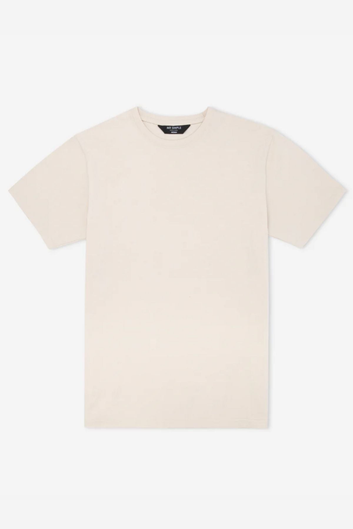 The Mr Simple Reginald Organic Tee is a short-sleeved, crew neck shirt in off-white, made from organic cotton for comfort. Laid flat on a white background.