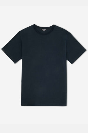The Mr Simple Reginald Organic Tee is a black T-shirt crafted from organic cotton, characterized by its short sleeves and round neckline, displayed flat on a white background to highlight its environmentally friendly design.