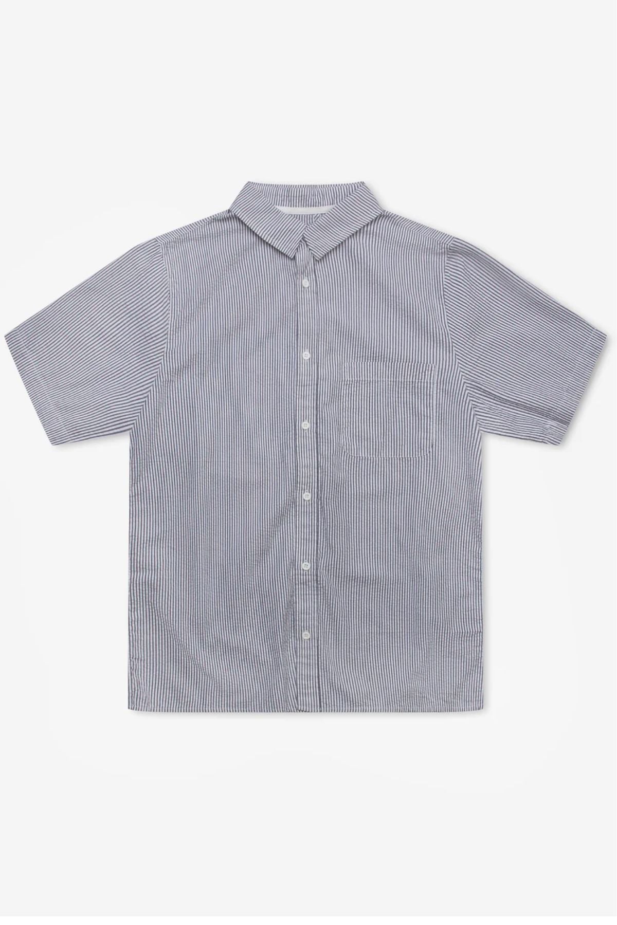 The Mr Simple Seersucker Short Sleeve Shirt is a collared, short-sleeved cotton shirt with thin vertical blue and white stripes, displayed flat on a white background.