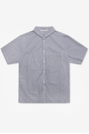The Mr Simple Seersucker Short Sleeve Shirt is a collared, short-sleeved cotton shirt with thin vertical blue and white stripes, displayed flat on a white background.