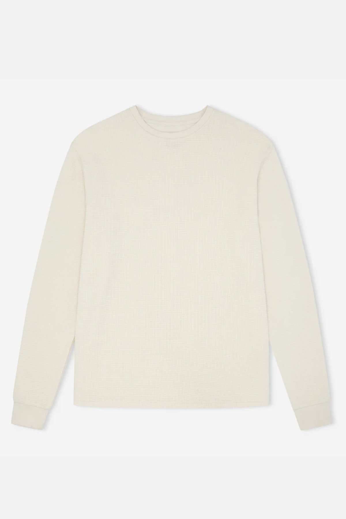 The Mr Simple Smith Waffle is a cream classic fit shirt made from organic cotton waffle knit, with a round neckline and ribbed cuffs, perfect for casual wear.