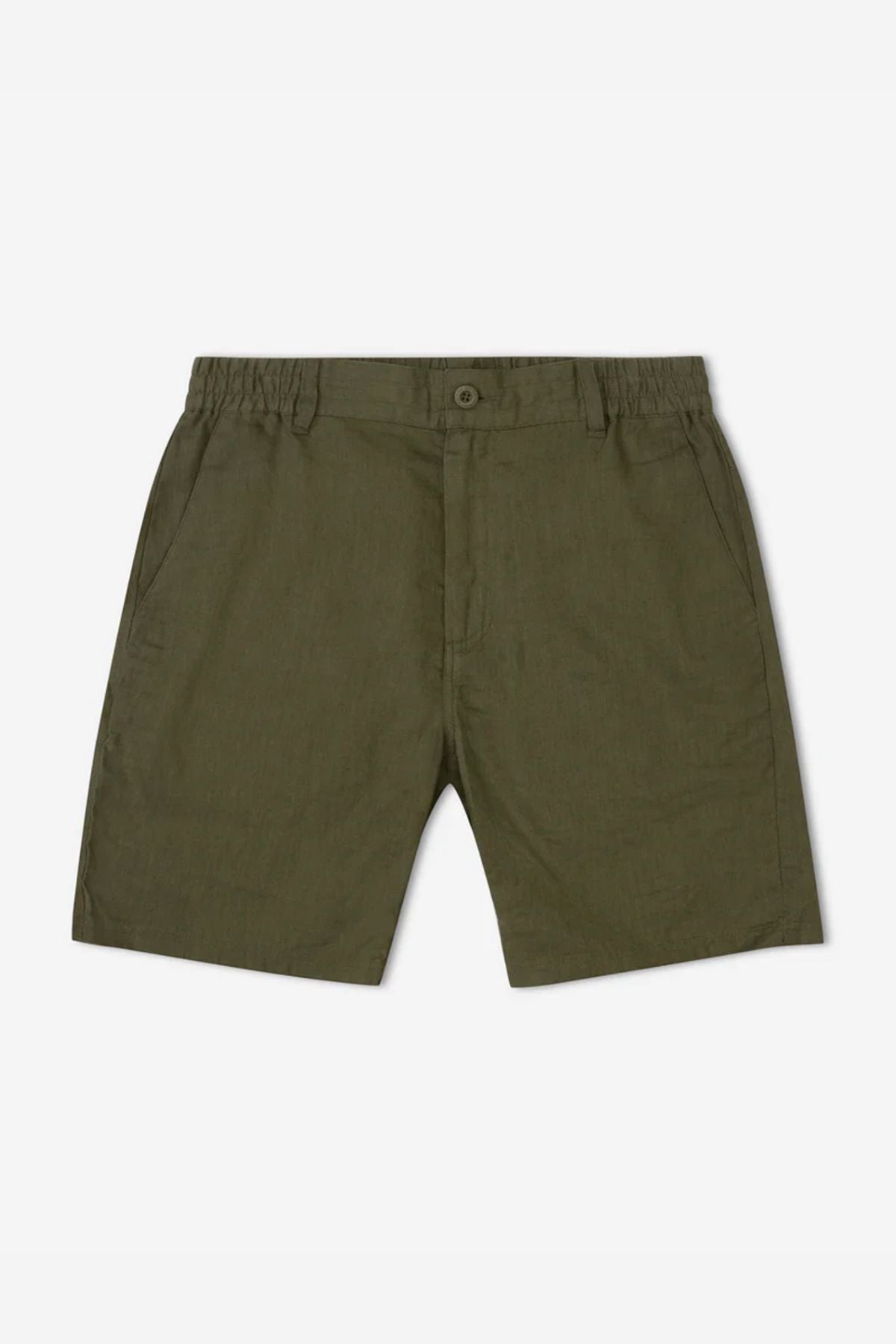 The Mr Simple Tanner 3.0 Linen Short in olive green features breathable linen, an elastic waistband, button closure, and side pockets, displayed flat on a white background.