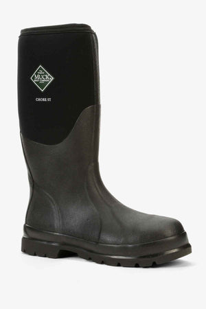 The Muck Boot Chore Steel Toe is a black boot with a rugged sole and high shaft, featuring the Muck Boot logo and "Chore ST" on the side, and equipped with a steel toe for extra protection.