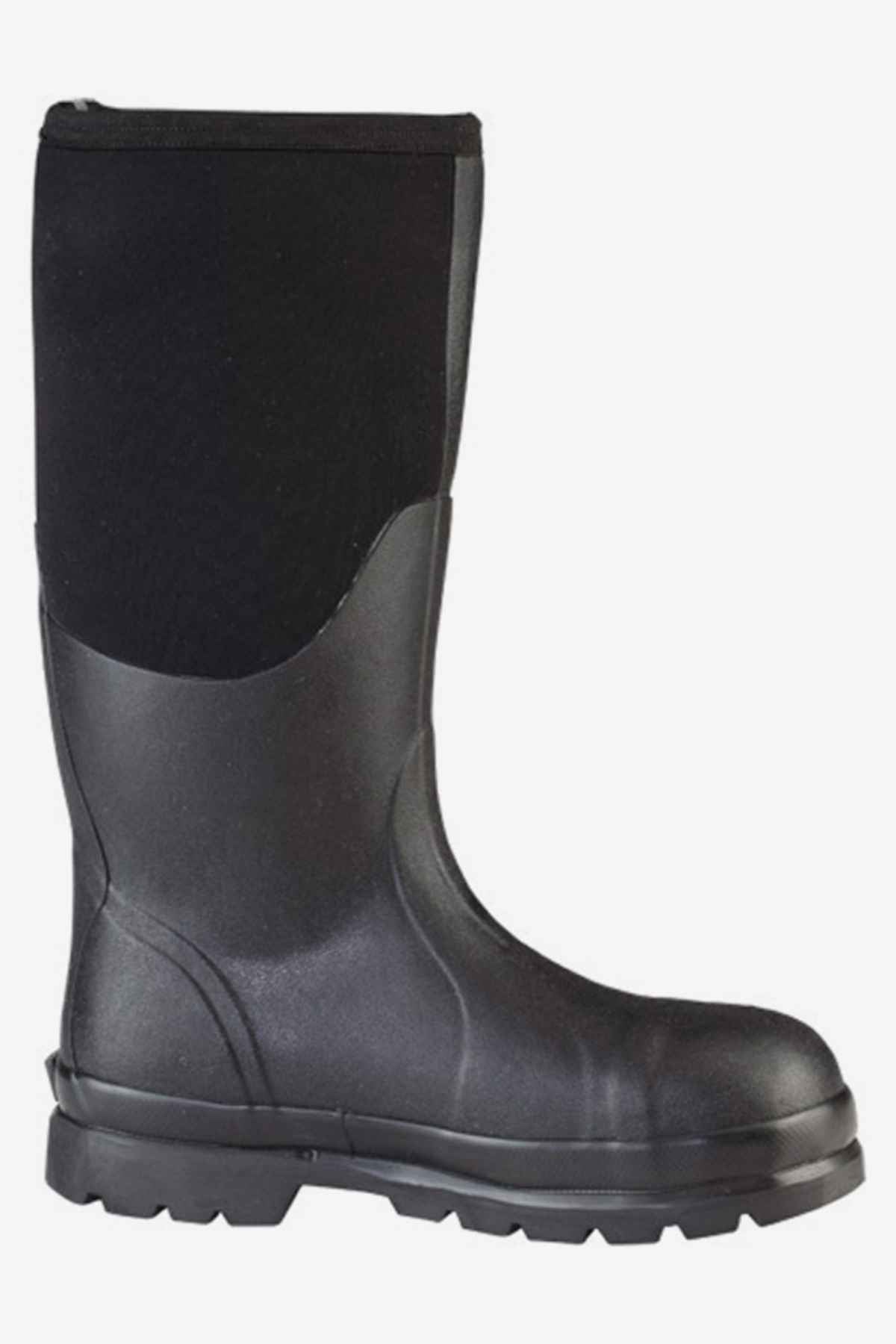 The Muck Boot Chore Steel Toe is a tall black waterproof rubber boot with a thick treaded sole, designed for heavy-duty outdoor use, meets safety standards, and is shown against a plain white background.