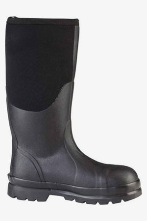 The Muck Boot Chore Steel Toe is a tall black waterproof rubber boot with a thick treaded sole, designed for heavy-duty outdoor use, meets safety standards, and is shown against a plain white background.