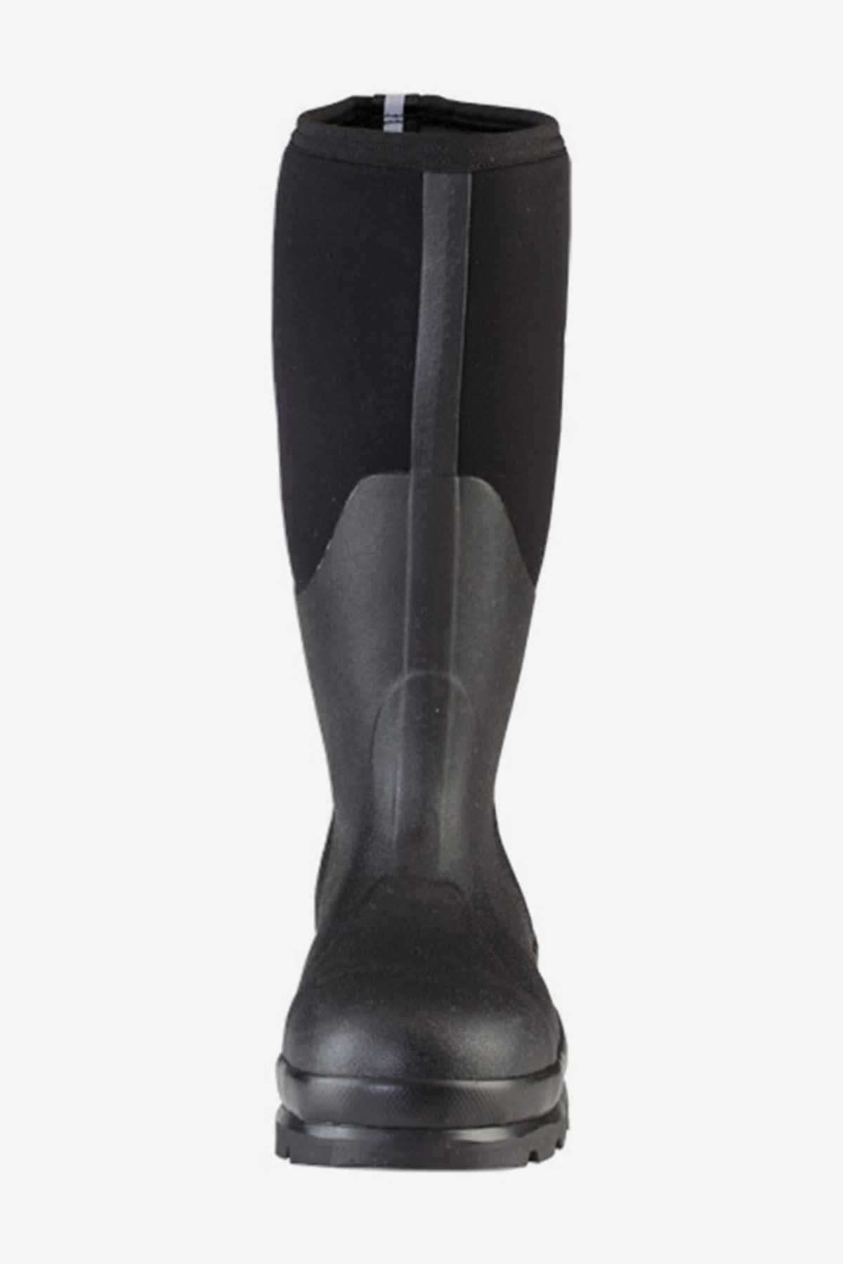 The Muck Boot Chore Steel Toe is a black waterproof rubber boot with a high shaft, shown from the front on a white background. It has a textured lower section and a smooth upper section.
