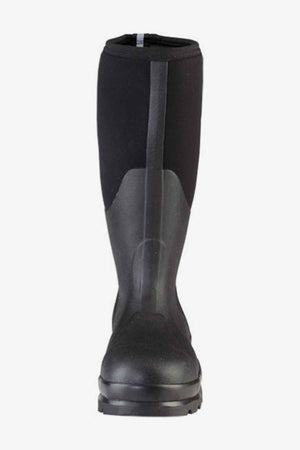 The Muck Boot Chore Steel Toe is a black waterproof rubber boot with a high shaft, shown from the front on a white background. It has a textured lower section and a smooth upper section.