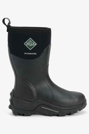 Image of a single black Muck Boot Muckmaster Mid Boot with a rugged MS-1 molded outsole. The boot, made from waterproof material and neoprene, has a textured, slip-resistant surface and features the MuckMaster logo in white near the top. A pull tab is present at the back for easy wear.
