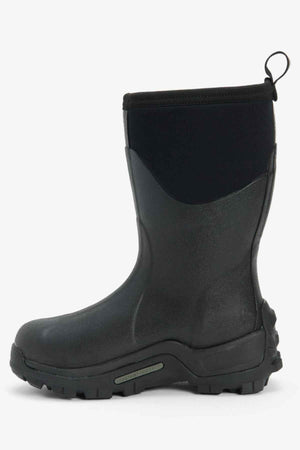 The Muck Boot Muckmaster Mid Boot, featuring a black waterproof design and a flexible neoprene upper section, is showcased against a white background. It includes an MS-1 molded outsole and has a pull-on loop at the top for easy wearing.