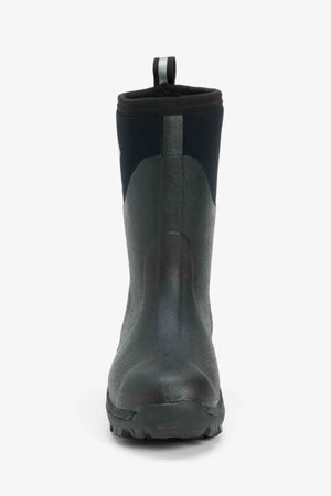 Introducing the Muck Boot Muckmaster Mid Boot, a single black rubber boot with a convenient loop at the top, specifically designed for wet or muddy conditions. This boot features an MS-1 molded outsole for enhanced grip and a sleek finish. Crafted from waterproof material, it is photographed from the front against a white background.