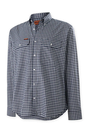 A long-sleeved, button-up, collared Mustang Signature Check Shirt for men in a black and white plaid pattern. Made from high-quality cotton, it features two chest pockets with buttons and a small brown Mustang Signature tag above the left pocket.