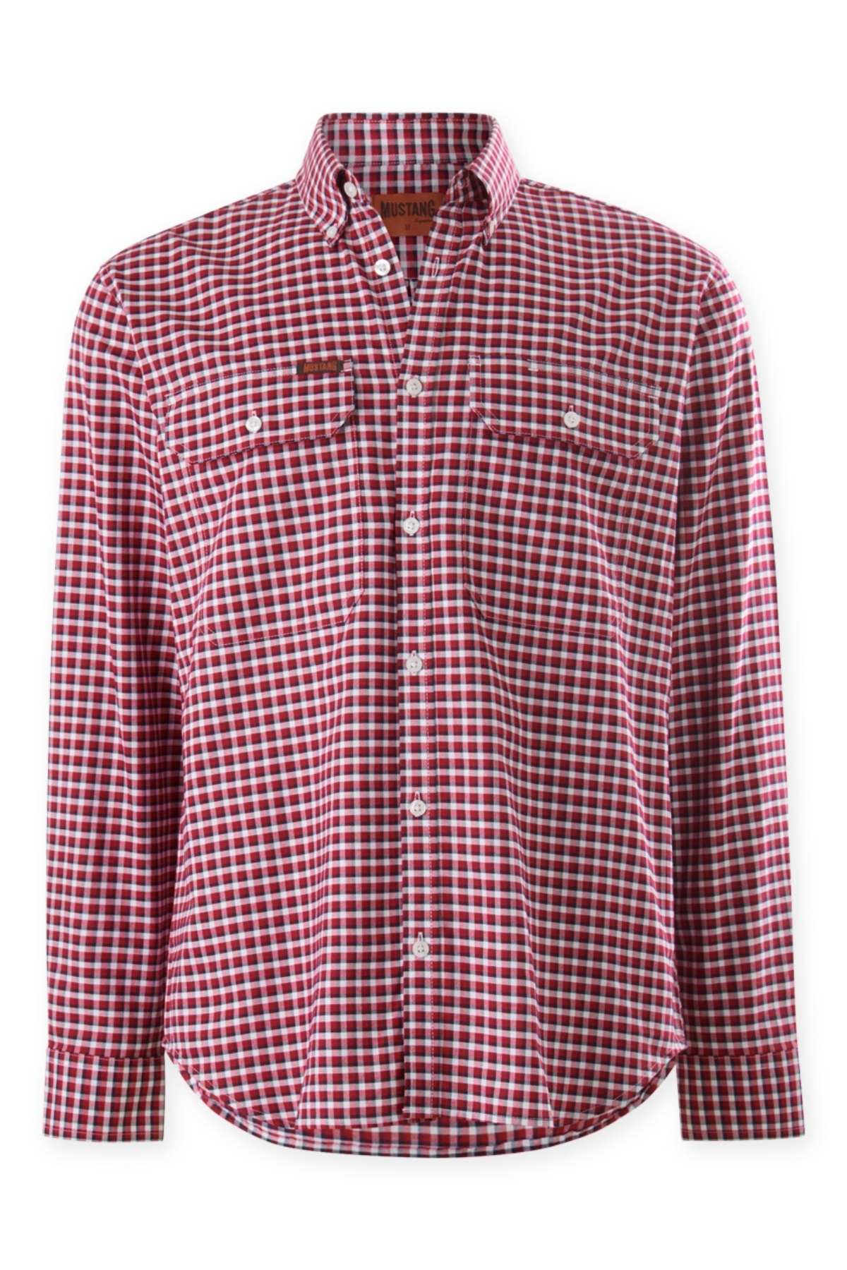 The Mustang Signature Check Shirt is a long-sleeved, button-up Men's Formal shirt featuring a red and white plaid pattern. Made from high-quality cotton, it comes with a classic collar and two breast pockets with button closures. The shirt offers a casual, rustic look along with the refined touch of the Mustang Signature collection.