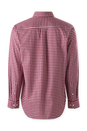The Mustang Signature Check Shirt, displayed from the back, is a red and white checkered long-sleeve button-up featuring a classic collar, buttoned cuffs, and a curved hem. Crafted from high-quality cotton, it offers exceptional comfort and style.