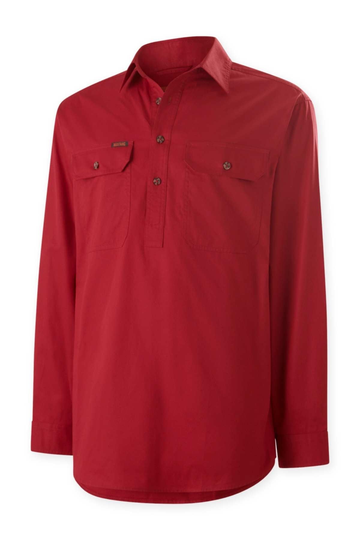 The Mustang Signature Closed Front Workshirt is a durable cotton, long-sleeved red shirt with a collar, partial button placket, and two chest pockets with buttoned flaps for style and functionality.