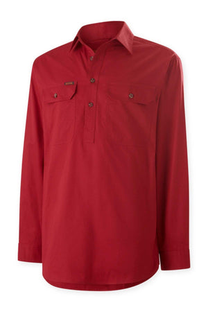 The Mustang Signature Closed Front Workshirt is a durable cotton, long-sleeved red shirt with a collar, partial button placket, and two chest pockets with buttoned flaps for style and functionality.