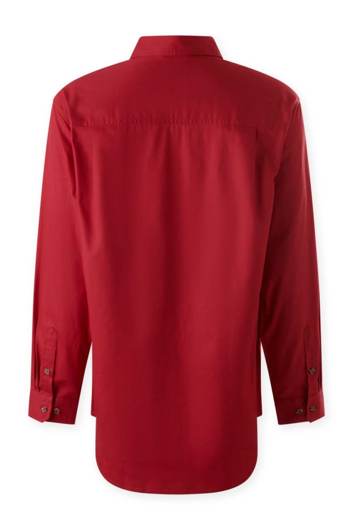 Rear view of a red Mustang Signature Closed Front Workshirt for men in durable cotton fabric, featuring long sleeves, classic collar, and buttoned cuffs, laid neatly on a white background.