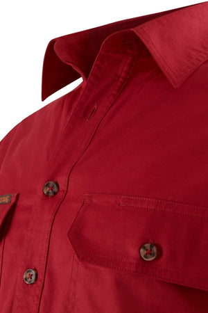 Close-up of the Mustang Signature Closed Front Workshirt, crafted from durable cotton. This red button-up shirt features a pointed collar, front buttons, and a chest pocket with a buttoned flap, ideal for robust workwear needs.