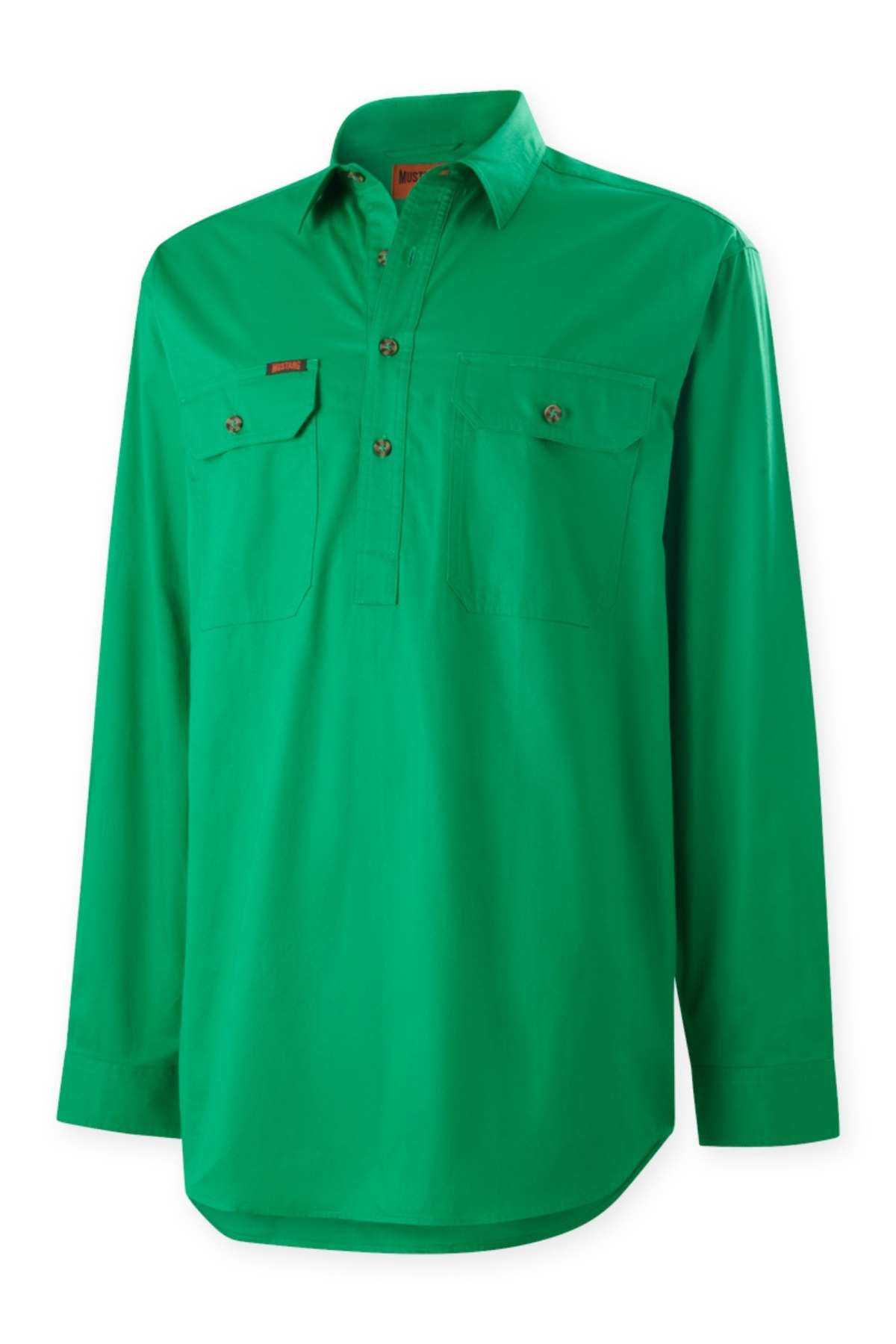 The Mustang Signature Closed Front Workshirt is a bright green men's cotton shirt with long sleeves, two chest pockets, a collar, and a closed front, shown on a plain white background.