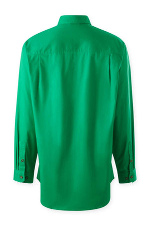 The Mustang Signature Closed Front Workshirt is a bright green, long-sleeve men's shirt shown from the back with buttoned cuffs and a classic collar. Made of cotton, it features a plain design with no visible patterns or logos.