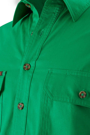 Close-up of the Mustang Signature Closed Front Workshirt for men in bright green cotton, featuring brown buttons, chest pockets, visible detailed stitching, and a structured collar.