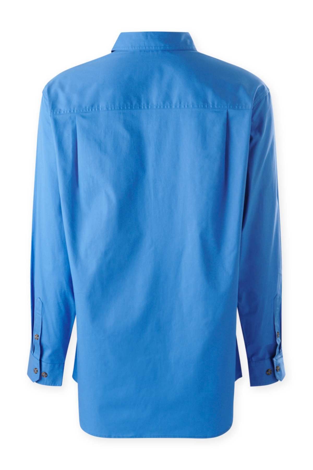 The Mustang Signature Closed Front Workshirt is a men's long-sleeved blue button-up shirt with a classic collar, buttoned cuffs, and a straight hem, viewed from the back. Made from smooth cotton fabric, it combines style and durability.