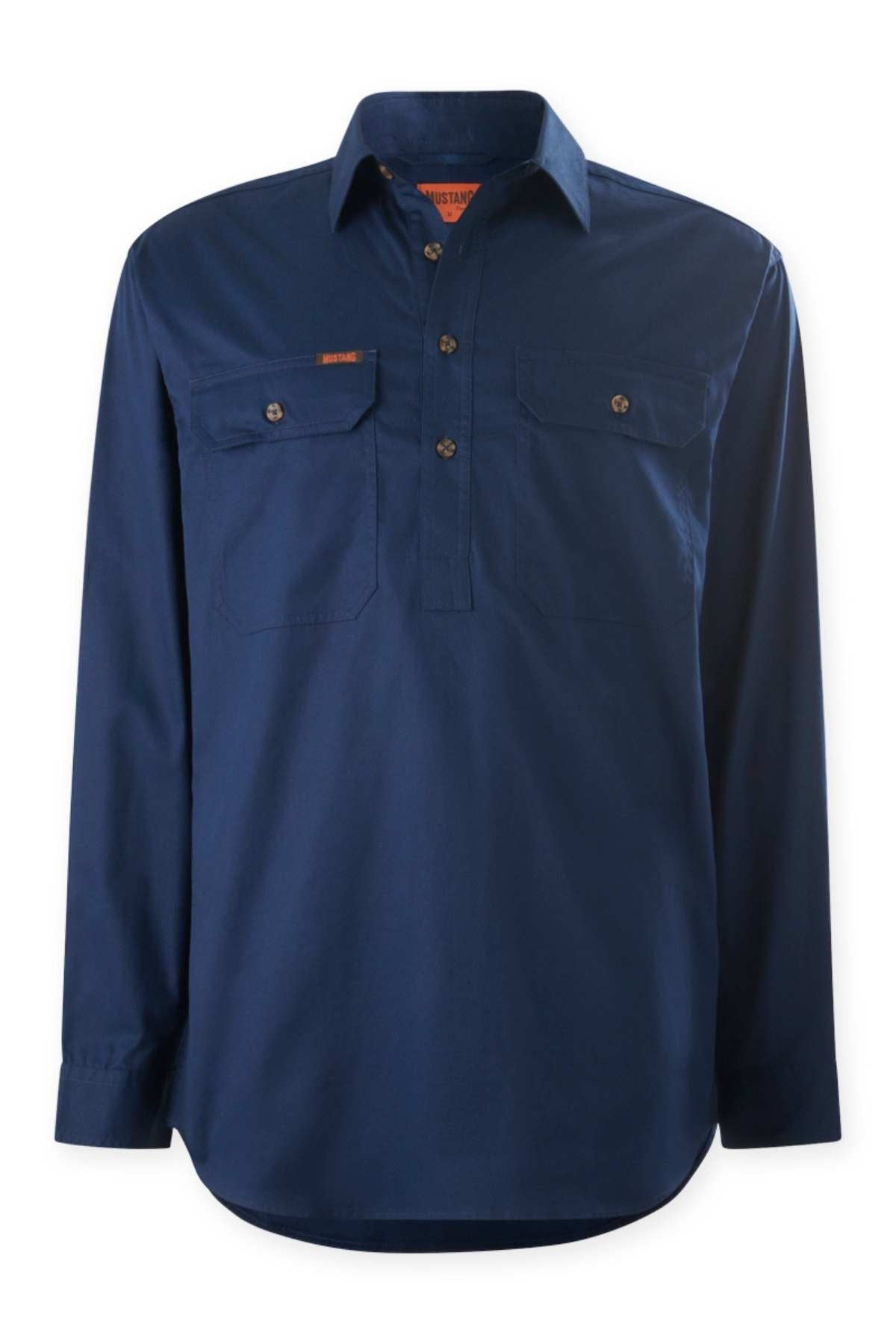 The Mustang Signature Closed Front Workshirt is a men's long-sleeved, collared navy blue shirt in sturdy cotton, featuring two buttoned chest pockets and a partial button placket, shown on a plain white background.
