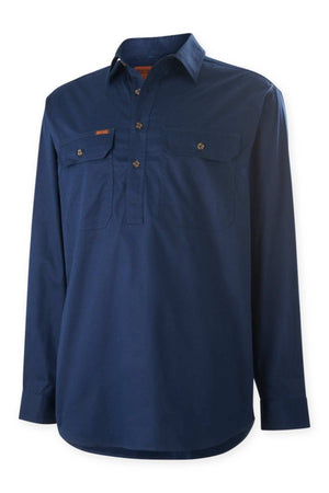 The Mustang Signature Closed Front Workshirt is a men's long-sleeve, button-up shirt in dark blue, made from durable cotton. It features a classic silhouette with two buttoned chest pockets and a collar, shown against a white background.