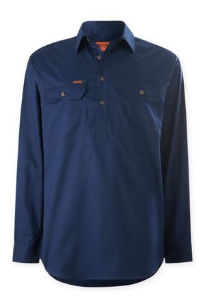 The Mustang Signature Closed Front Workshirt is a men's long-sleeved, collared navy blue shirt in sturdy cotton, featuring two buttoned chest pockets and a partial button placket, shown on a plain white background.