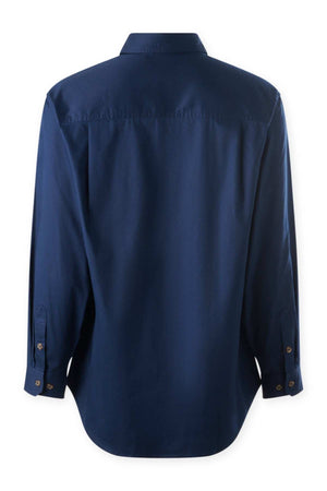 The Mustang Signature Closed Front Workshirt for men is shown from the back in navy blue, featuring a classic silhouette with collar and cuffs. Made of sturdy cotton, this long-sleeve button-up offers a smooth finish and timeless style.