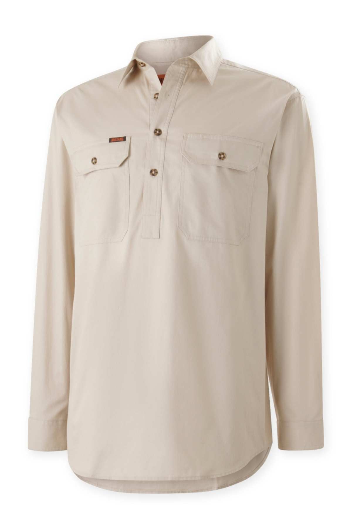 The Mustang Signature Closed Front Workshirt is a beige long-sleeve button-up shirt with a collar. It features two buttoned chest pockets and a tag above the left pocket. Made of durable cotton, this workshirt is ideal for casual or outdoor wear, offering comfort in a lightweight, breathable fabric.
