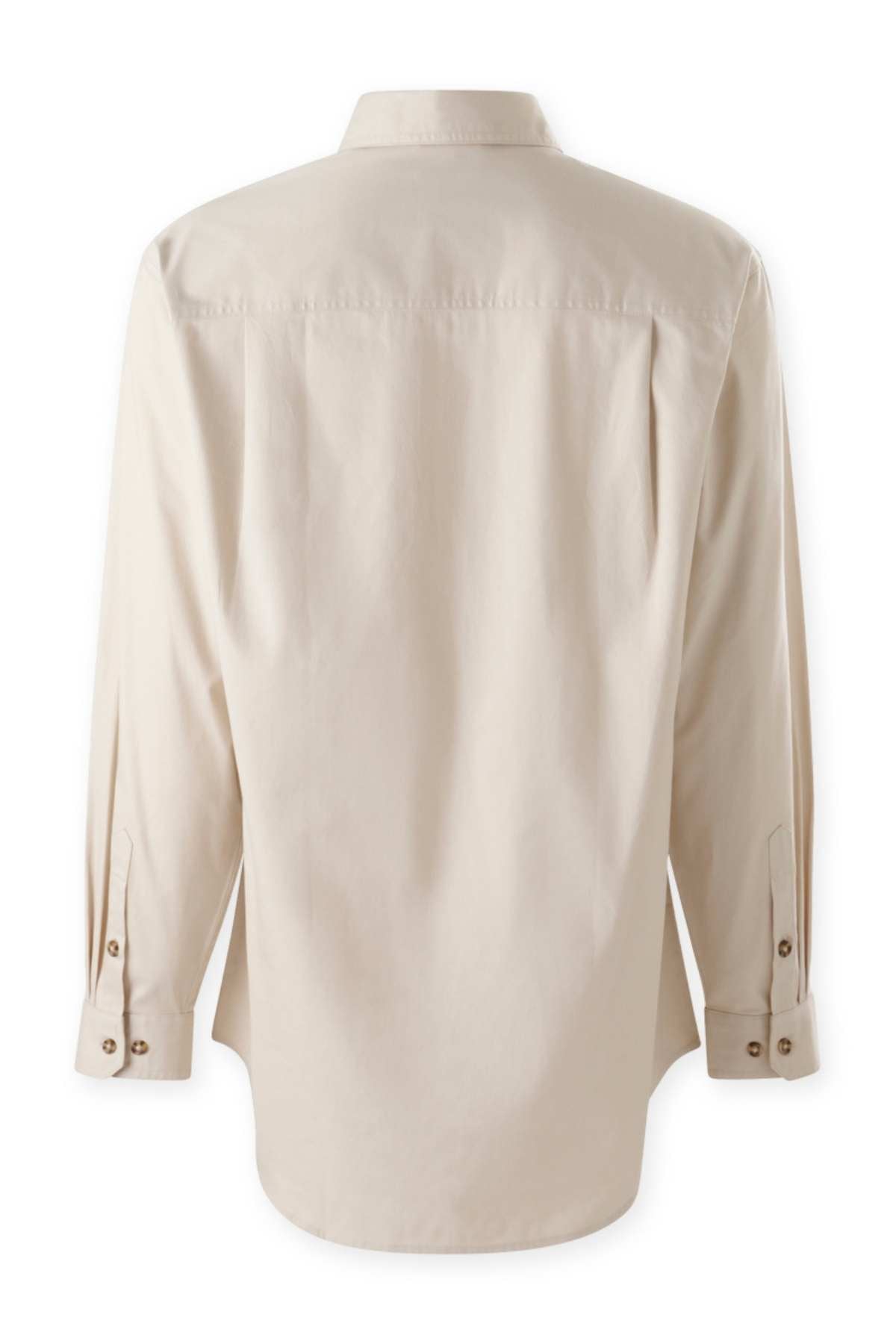 The back view of the Mustang Signature Closed Front Workshirt is displayed, featuring a beige color. This men's workshirt boasts a pointed collar, two pleats near the shoulder blades, and buttoned cuffs. Made from durable cotton, its lightweight fabric makes it ideal for both casual and formal occasions.
