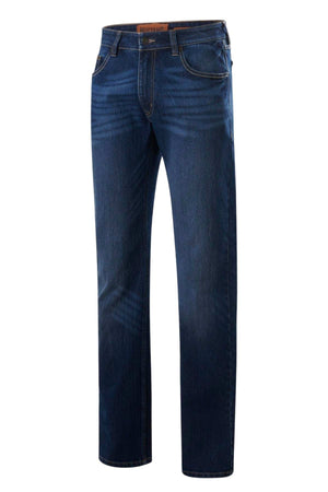 Introducing the Mustang Signature Mens Jeans, made from premium denim. This pair of dark blue jeans features a classic fit with subtle thigh fading, a timeless five-pocket design, and a visible brown leather patch on the back waistband.