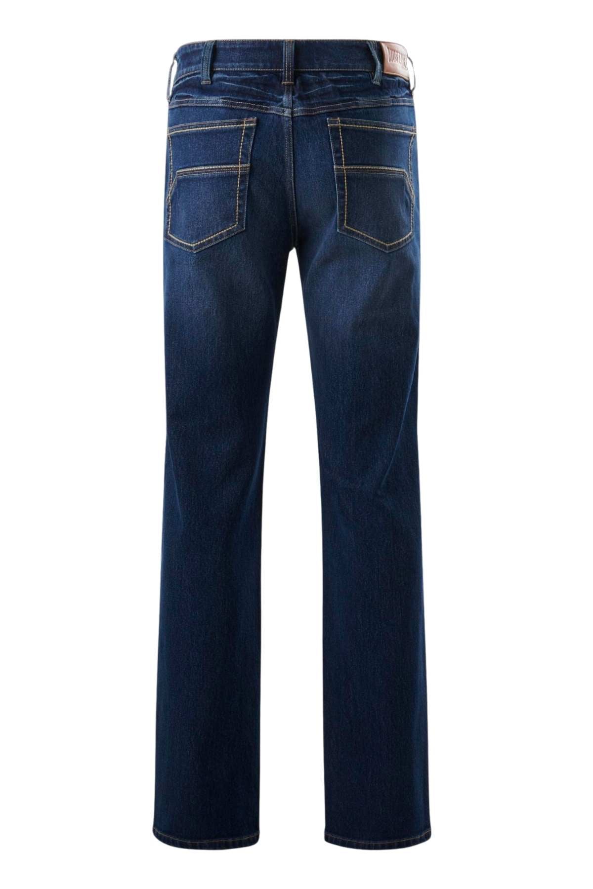 Back view of Mustang Signature Men's Jeans in dark blue, showing visible stitching, two back pockets, and a waistband with belt loops. Made from premium quality denim against a plain white background. Classic fit.