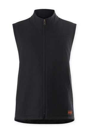 A black, sleeveless vest with a full front zipper and two side pockets. The Mustang Signature Outback Canvas Vest features a high collar and is made from durable canvas material. It includes a small, rectangular logo patch near the bottom hem on the left side, emphasizing its functional design.