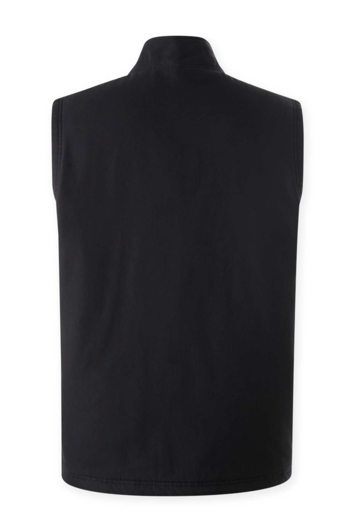 A black sleeveless vest shown from the back. The Mustang Signature Outback Canvas Vest features a high collar and a simple, sleek design with no visible logos or embellishments. Made from durable canvas material, the fabric appears both smooth and sturdy, perfect for longevity and style.
