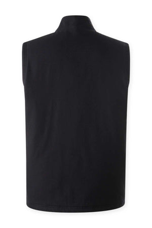 A black sleeveless vest shown from the back. The Mustang Signature Outback Canvas Vest features a high collar and a simple, sleek design with no visible logos or embellishments. Made from durable canvas material, the fabric appears both smooth and sturdy, perfect for longevity and style.