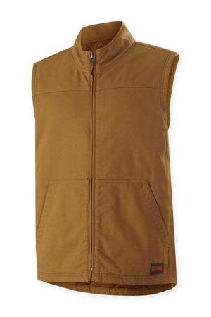 The Mustang Signature Outback Canvas Vest is a brown men's vest made from durable canvas with a front zipper, two large front pockets, a small Mustang patch, high collar, and rugged sleeveless design.