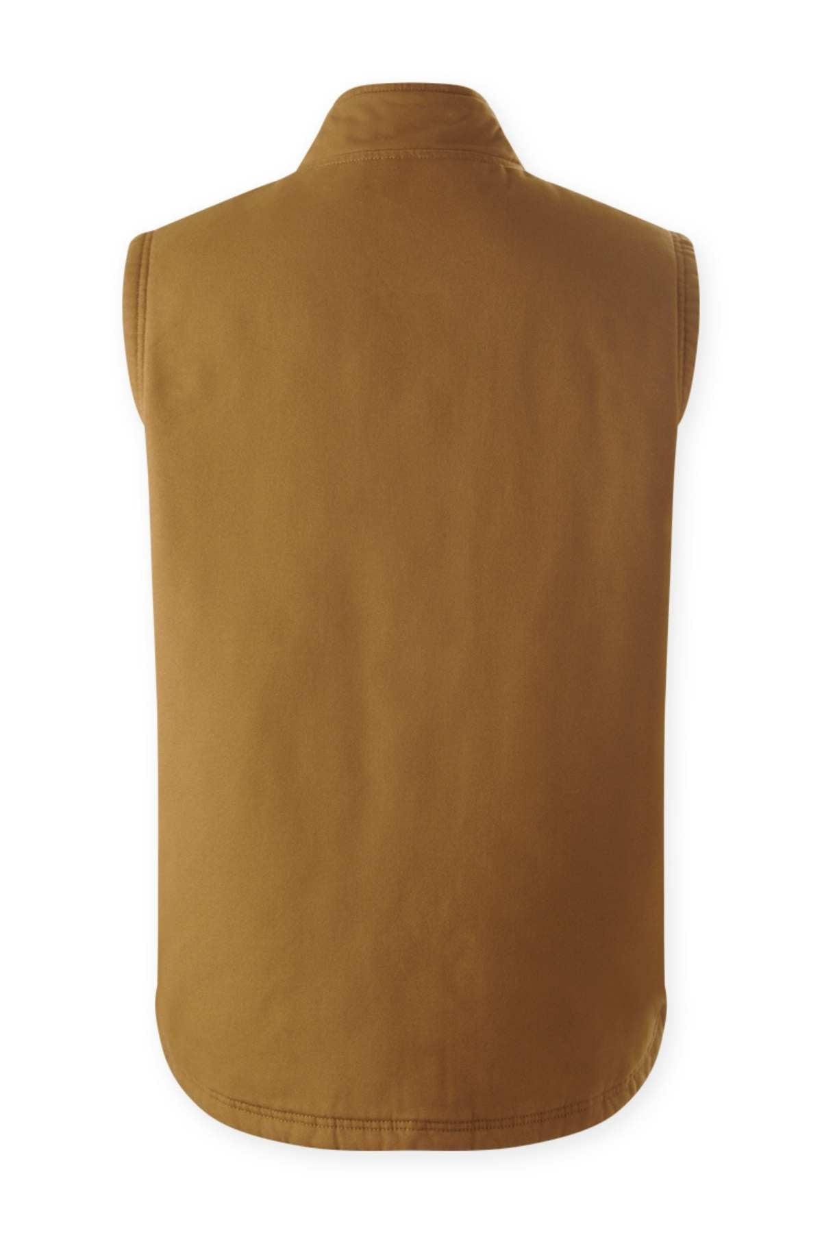 The Mustang Signature Outback Canvas Vest for men is displayed from the back in brown against a white background, highlighting its collar, rounded hem, and rugged canvas construction.