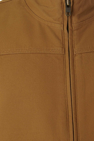 Close-up of the Mustang Signature Outback Canvas Vest, featuring the textured, durable canvas fabric on the upper chest and a vertical zipper. Visible stitching along the seams highlights its sturdy, functional design.