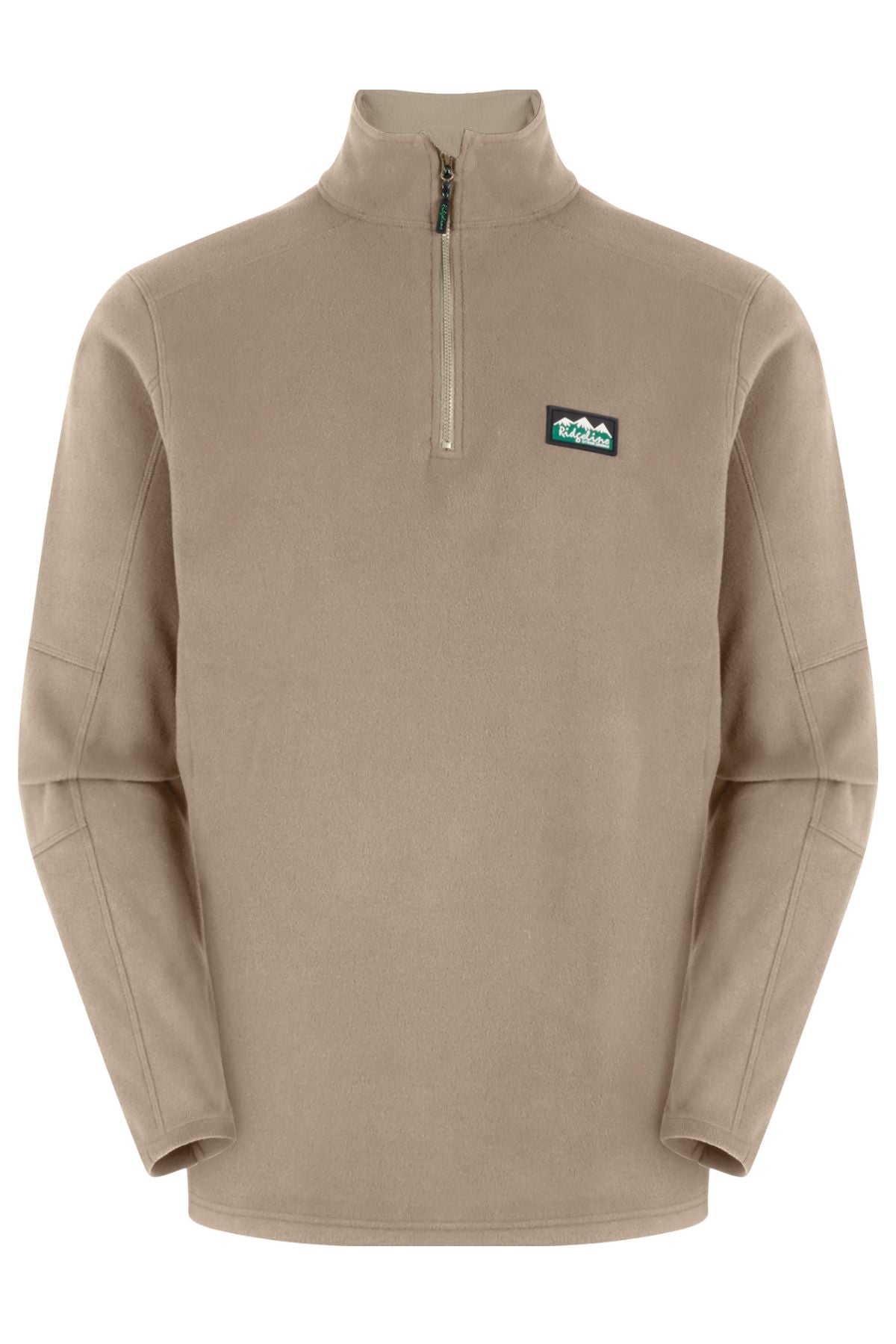 The Ridgeline Narvik Fleece is a tan quarter-zip pullover with long sleeves, high collar, left chest patch logo, and soft fabricβideal for outdoor adventures or casual wear.