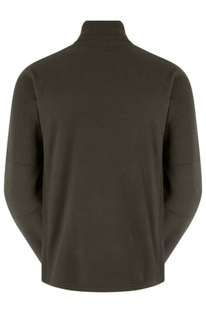 The Ridgeline Narvik Fleece is a plain, long-sleeved jacket in dark olive green, shown from the back, with a high collar and outdoor performance features, and no visible branding or extra design elements.